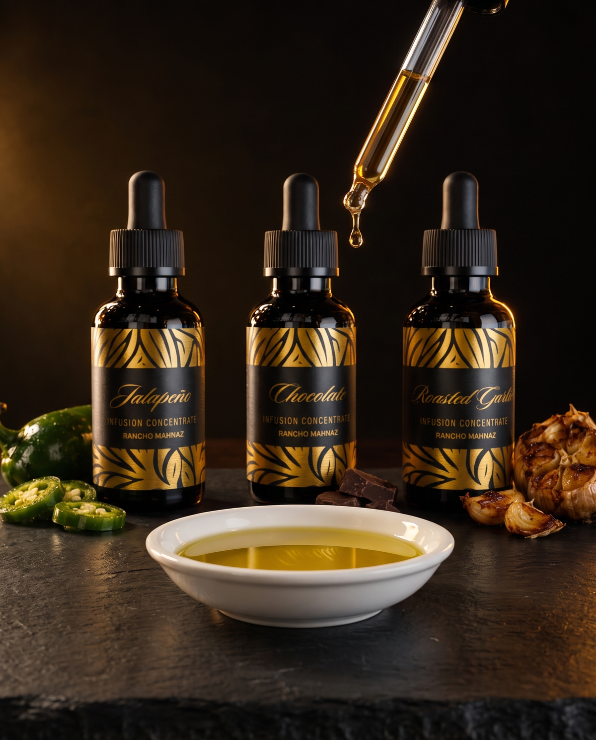 Drops of Jalapeño concentrate falling from a dropper into a dish of olive oil, beside the Chocolate and Roasted Garlic bottles