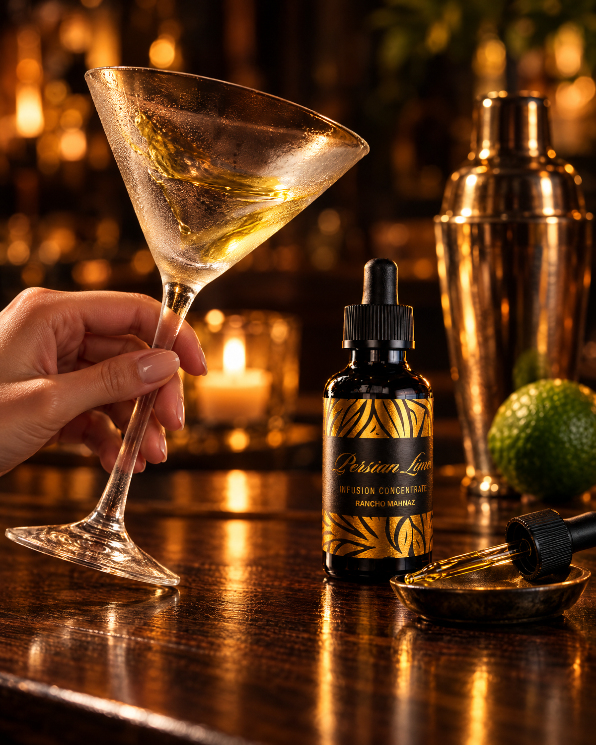 Swirling a few drops of Persian Lime concentrate to coat a chilled martini glass