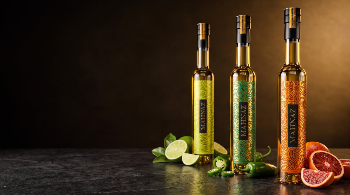 The Blood Orange, Bright Jalapeño and Persian Lime olive oils with their fruit