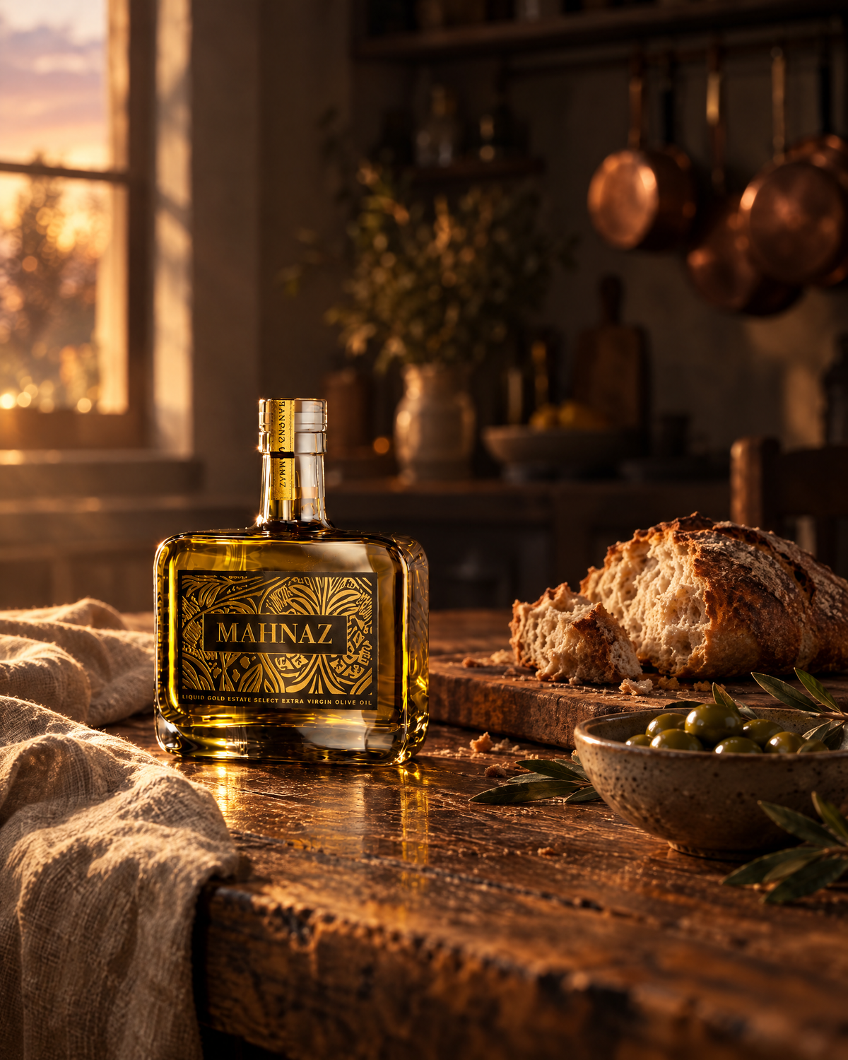 Liquid Gold on a farmhouse kitchen table at dusk