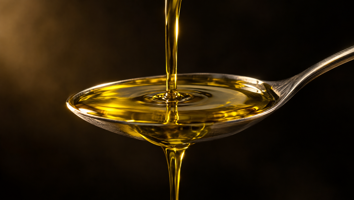 Golden olive oil pouring into a spoon