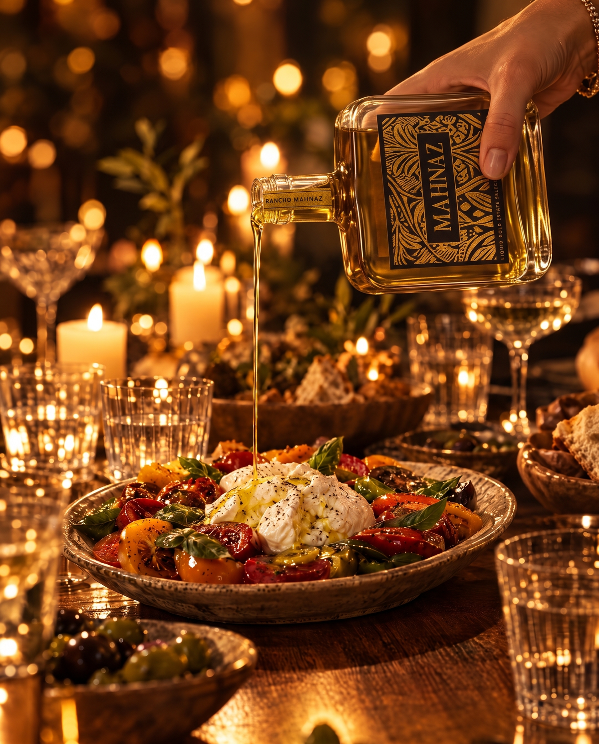 A woman's hand pouring Liquid Gold over burrata and heirloom tomatoes by candlelight