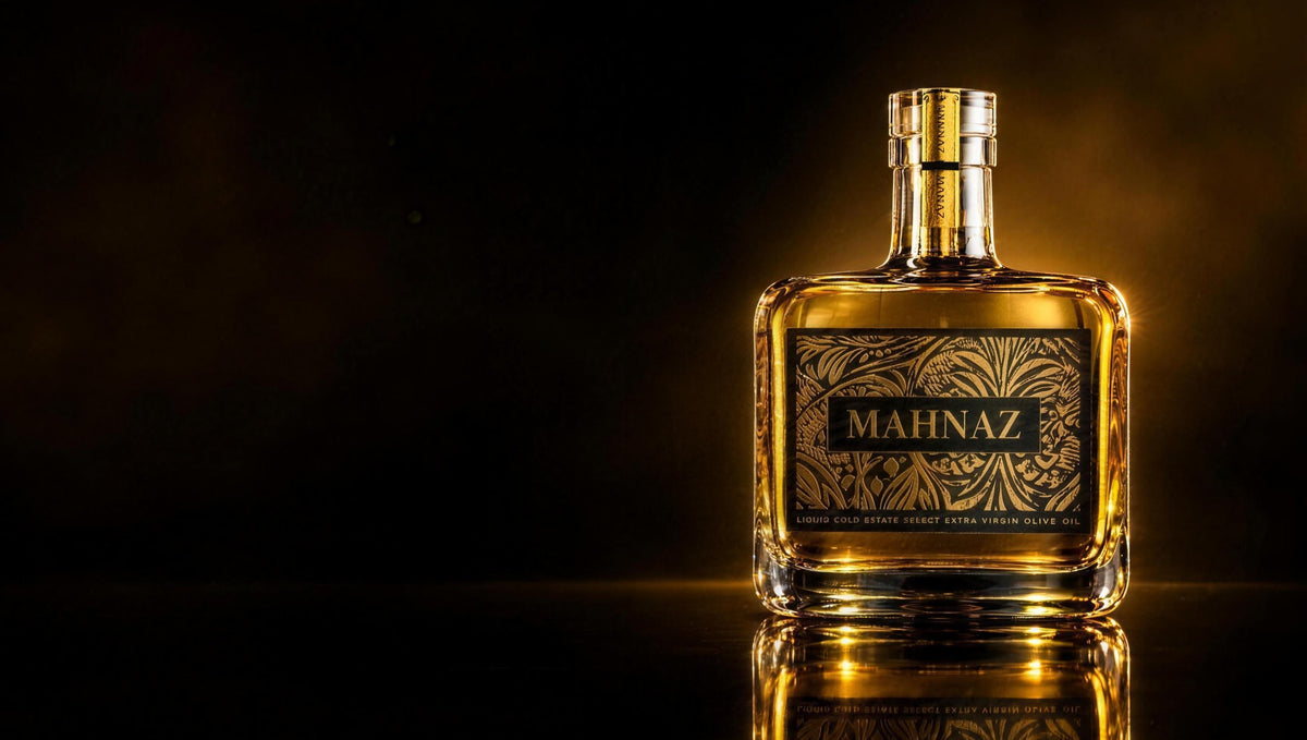 Liquid Gold Estate Select on black glass in warm golden light