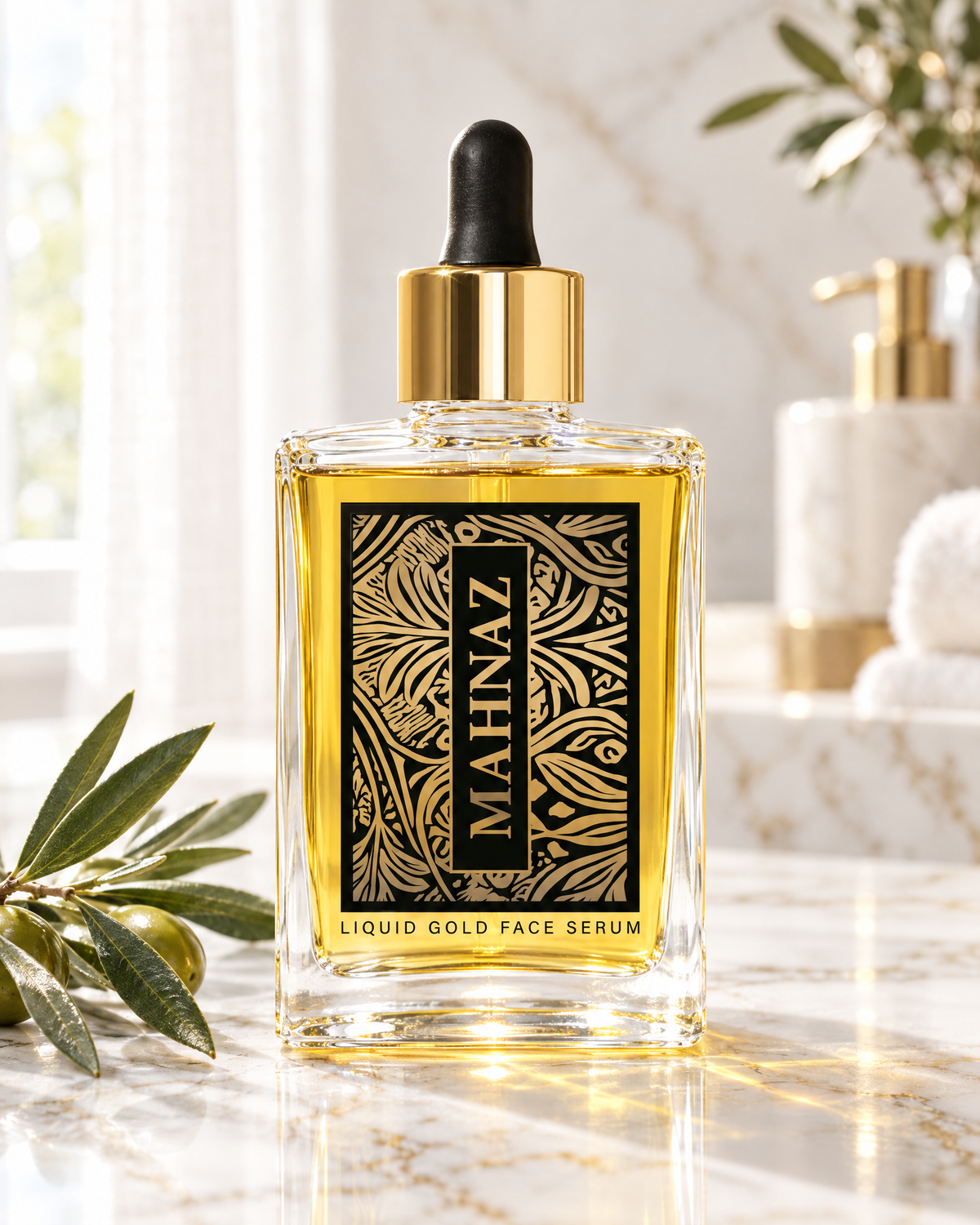 Mahnaz Liquid Gold Face Serum, 50 ml, on white marble with an olive branch