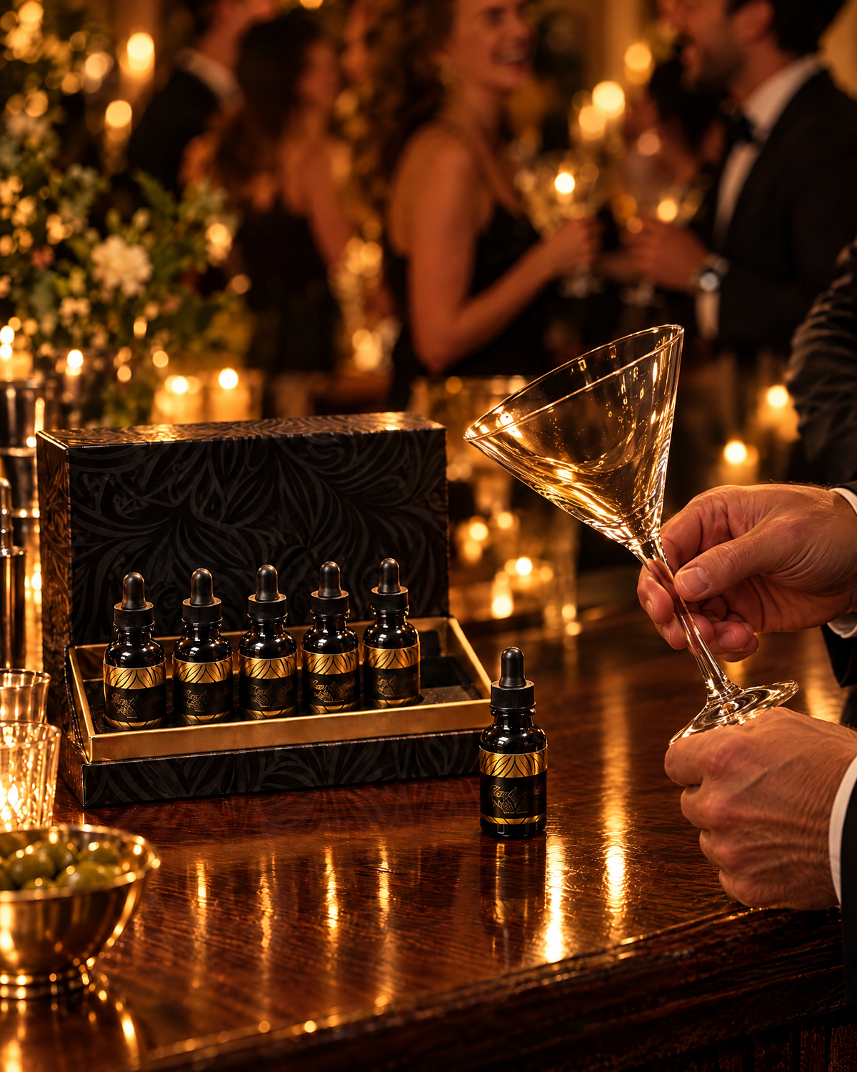 A bartender swirling concentrate around an empty martini glass