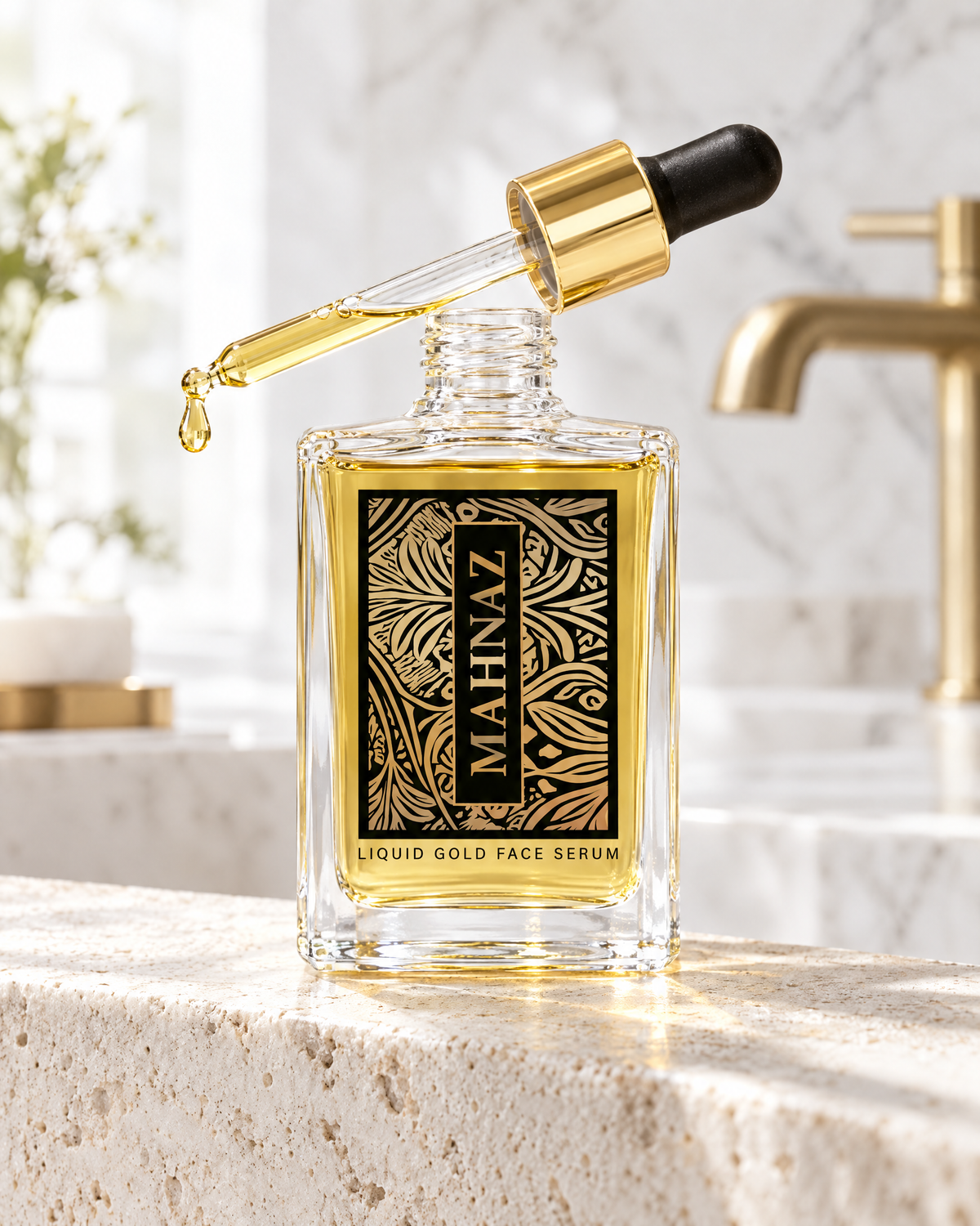 Liquid Gold Face Serum with its dropper lifted and one golden drop falling, on white travertine