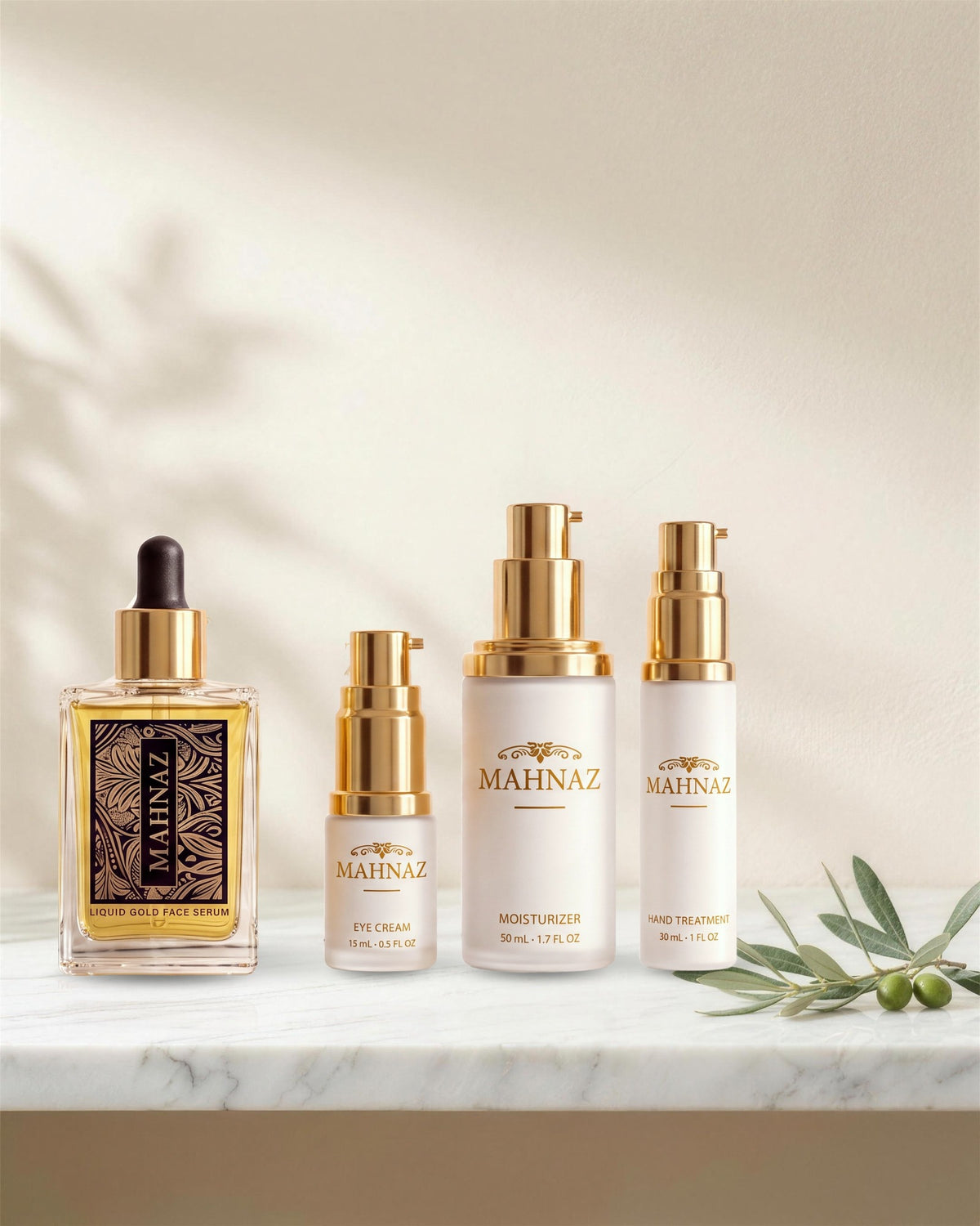 The Mahnaz Skincare collection on white stone in morning light