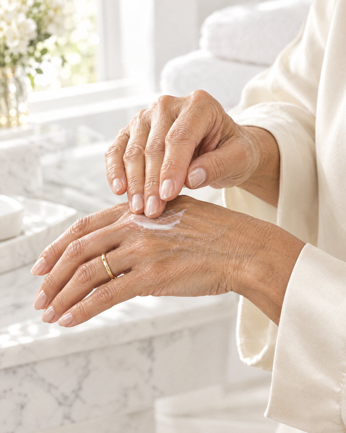 A woman smoothing the Hand Treatment over her knuckles