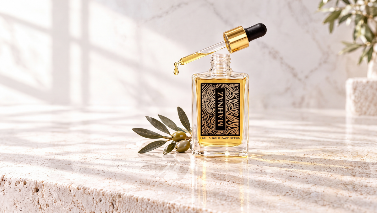 Liquid Gold Face Serum alone on pale travertine in morning light, with an olive branch