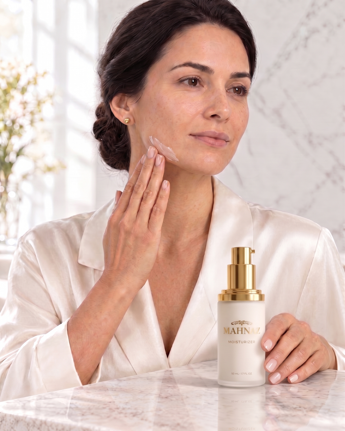 A woman smoothing the All-in-One Treatment along her jaw and neck
