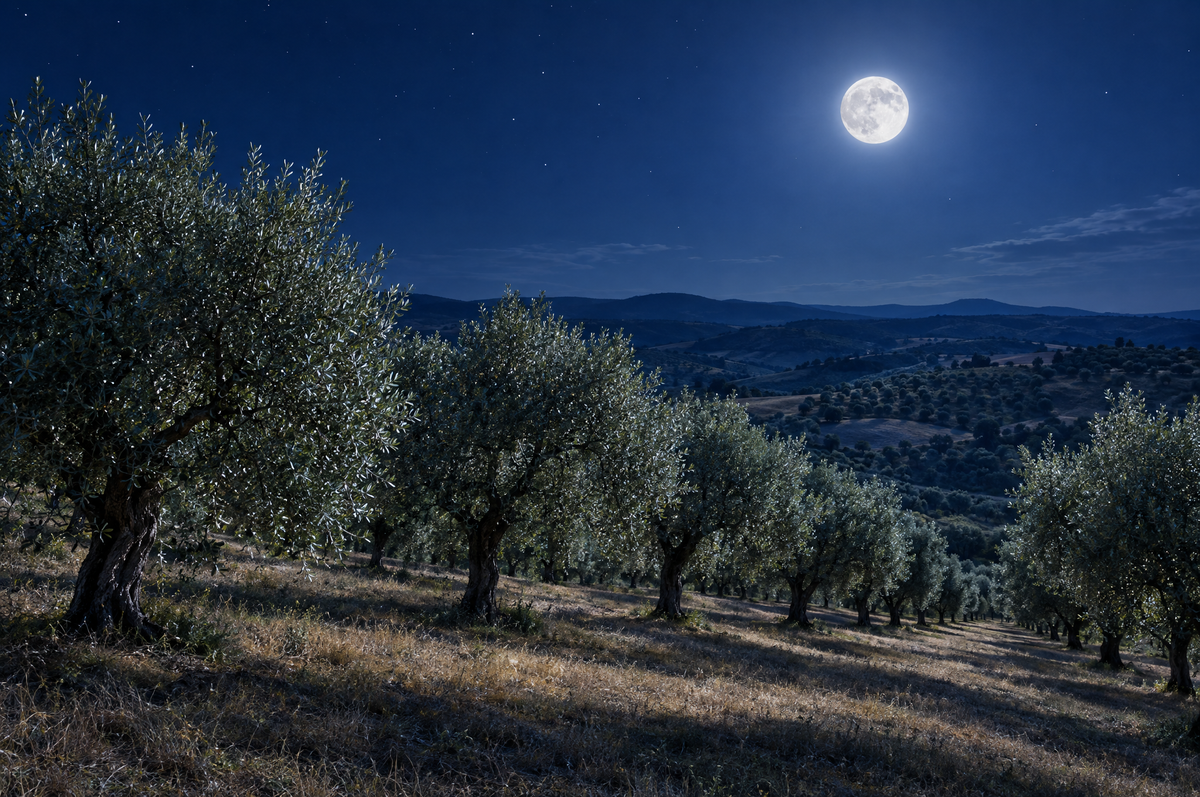 An olive grove at night under a full moon