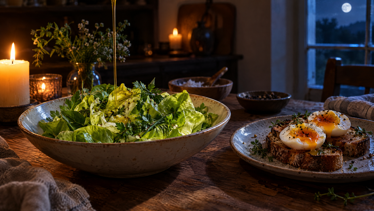 Olive oil poured over a green salad beside soft eggs on toast, by candlelight
