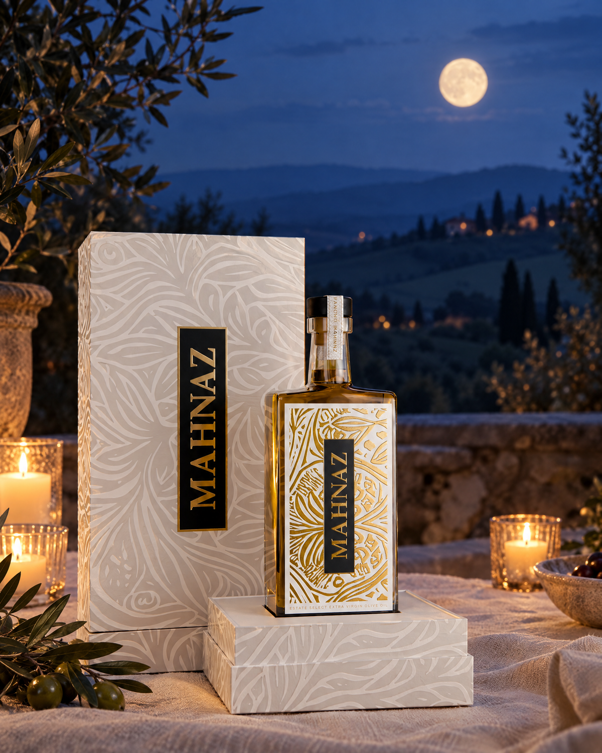 Sous La Lune and its ivory gift box on a stone terrace under a full moon, with candles