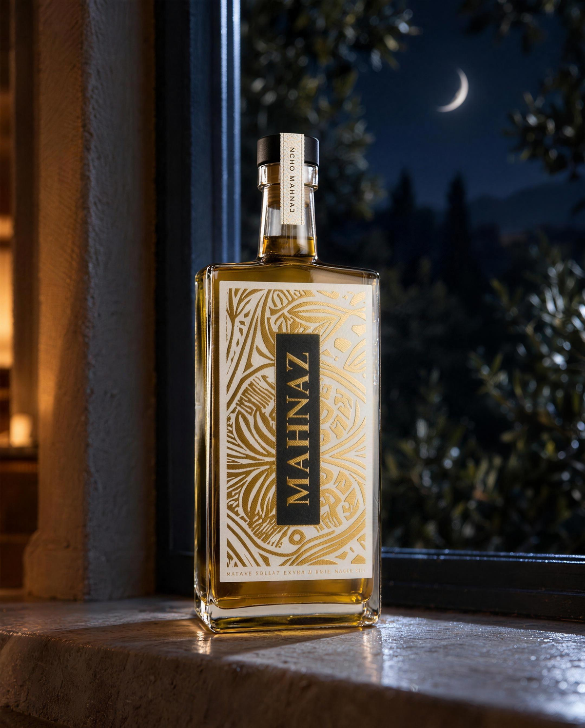 Sous La Lune on a stone windowsill under a crescent moon