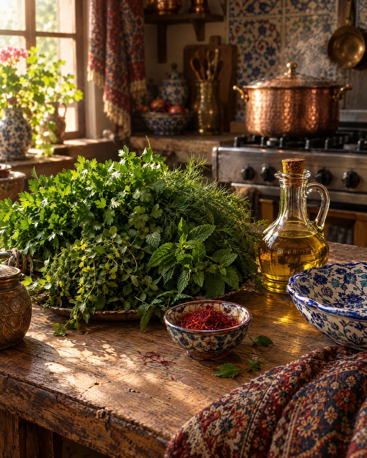 Fresh herbs, saffron and golden olive oil on a Persian kitchen table