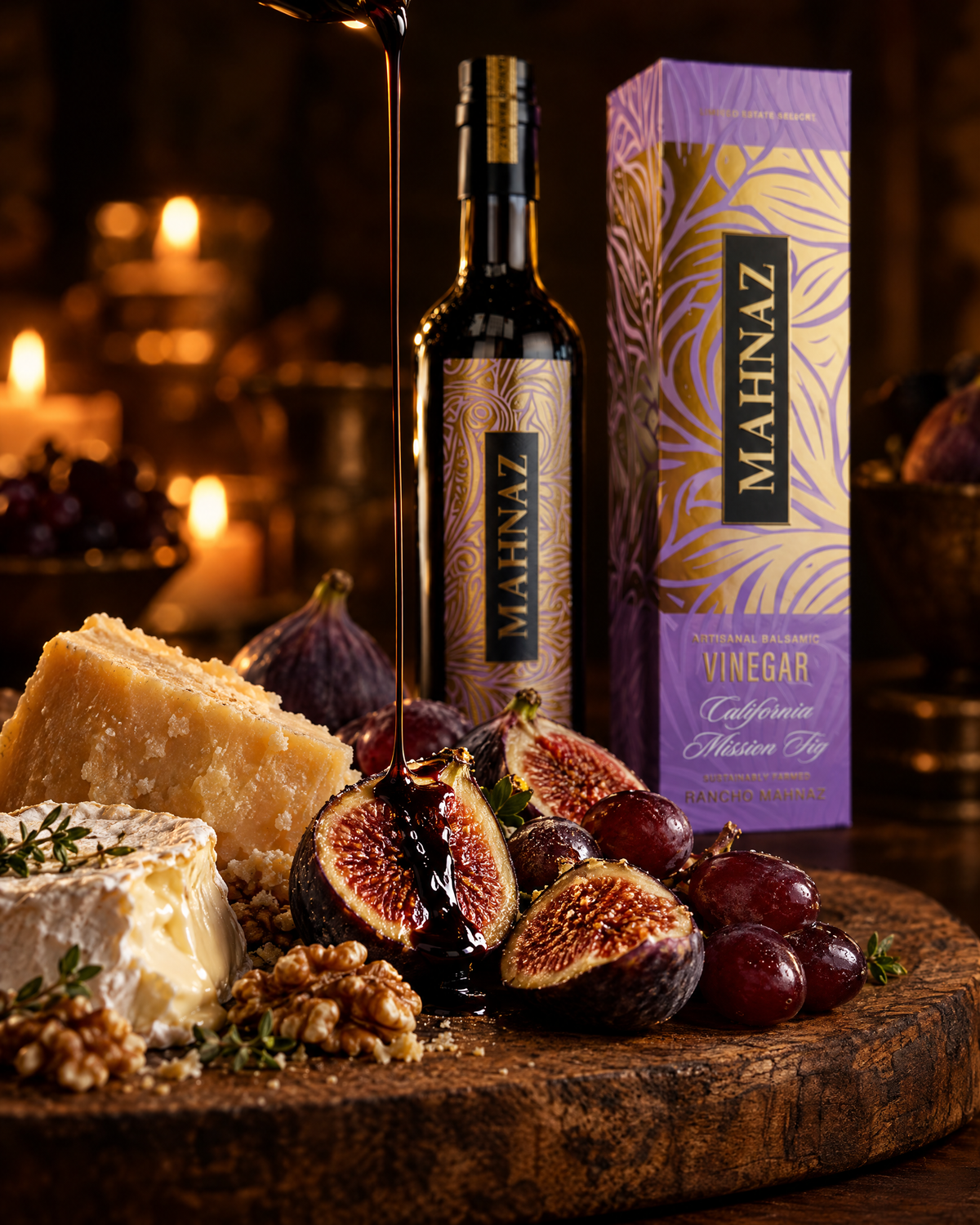Balsamic poured over figs on a cheese board