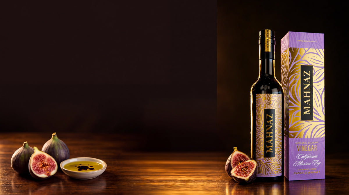 Balsamic poured into a dish of olive oil with bread and figs